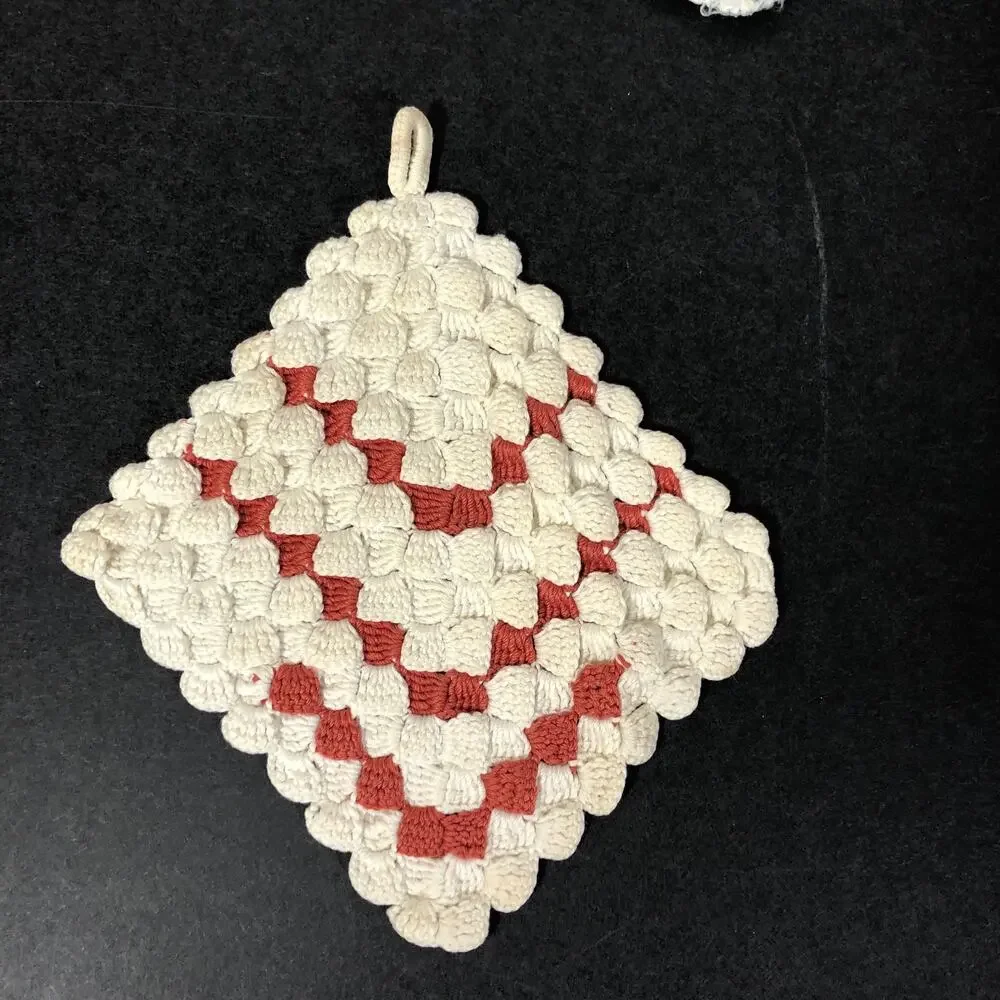 Vintage Potholders, Crocheted Pink, Aqua Blue, Red and White, Set of Four Retro